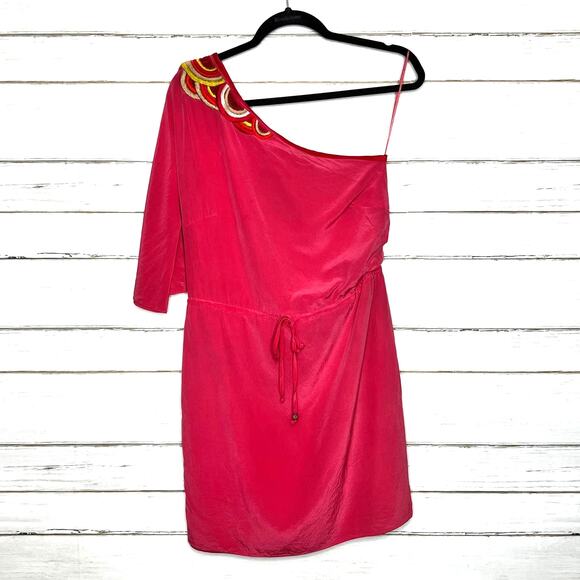 Trina Turk One Shoulder Silk Embroidered Dress Pink Size Small - Picture 1 of 12